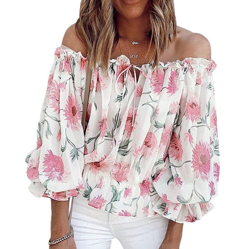 Simple Flavor Pink Semi-Sheer Floral Bishop-Sleeve Off-Shoulder Top Size S